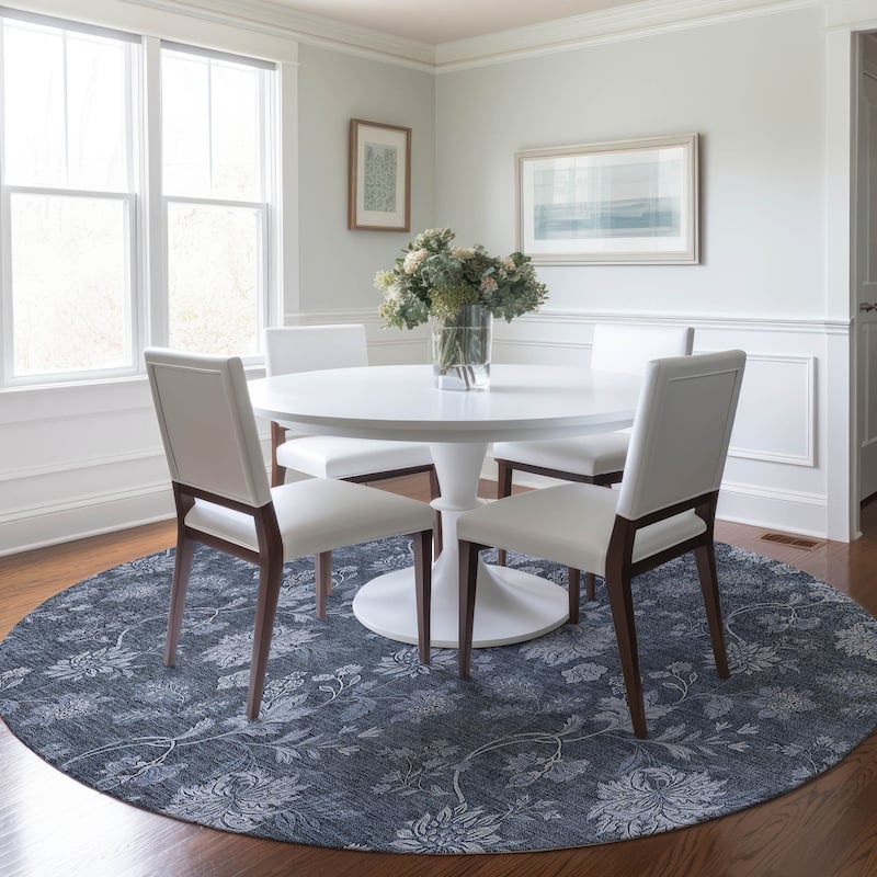 Machine Washable Indoor/ Outdoor Chantille Floral Farmhouse Rug - Blue - 8' x 8'