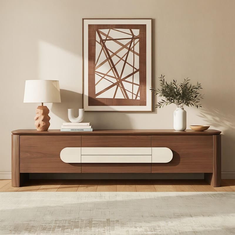 Spruce & Spring Modern Walnut TV Console with Travertine Accent Handles, Minimalist Wooden Media Cabinet