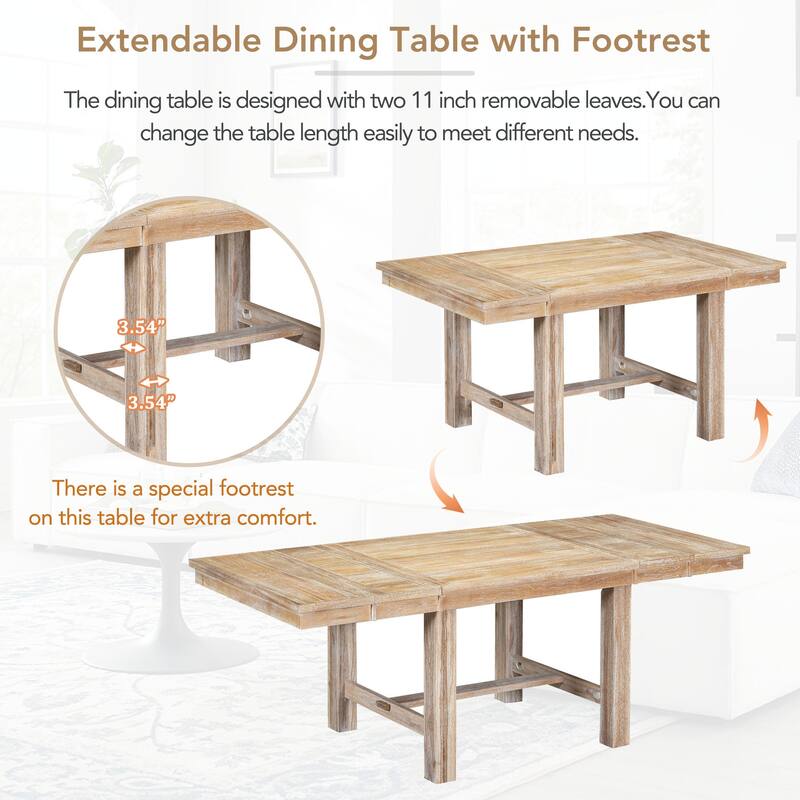 Country Farmhouse Extendable Dining Table and Chair Set with Footrest X Style Chair Back and 2 11" Removable Leaf for Kitchen