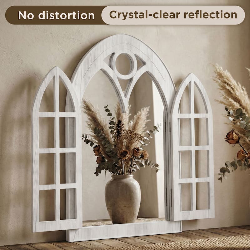 Classic Arched Wood Framed Window Pane Wall Mirror