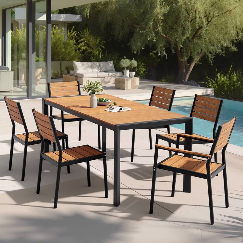 Set of 7 Outdoor Patio Dining Set WoodLike Table Top Aluminum Rectangular Umbrella Hole Table with Stackable Chairs Set - Brown
