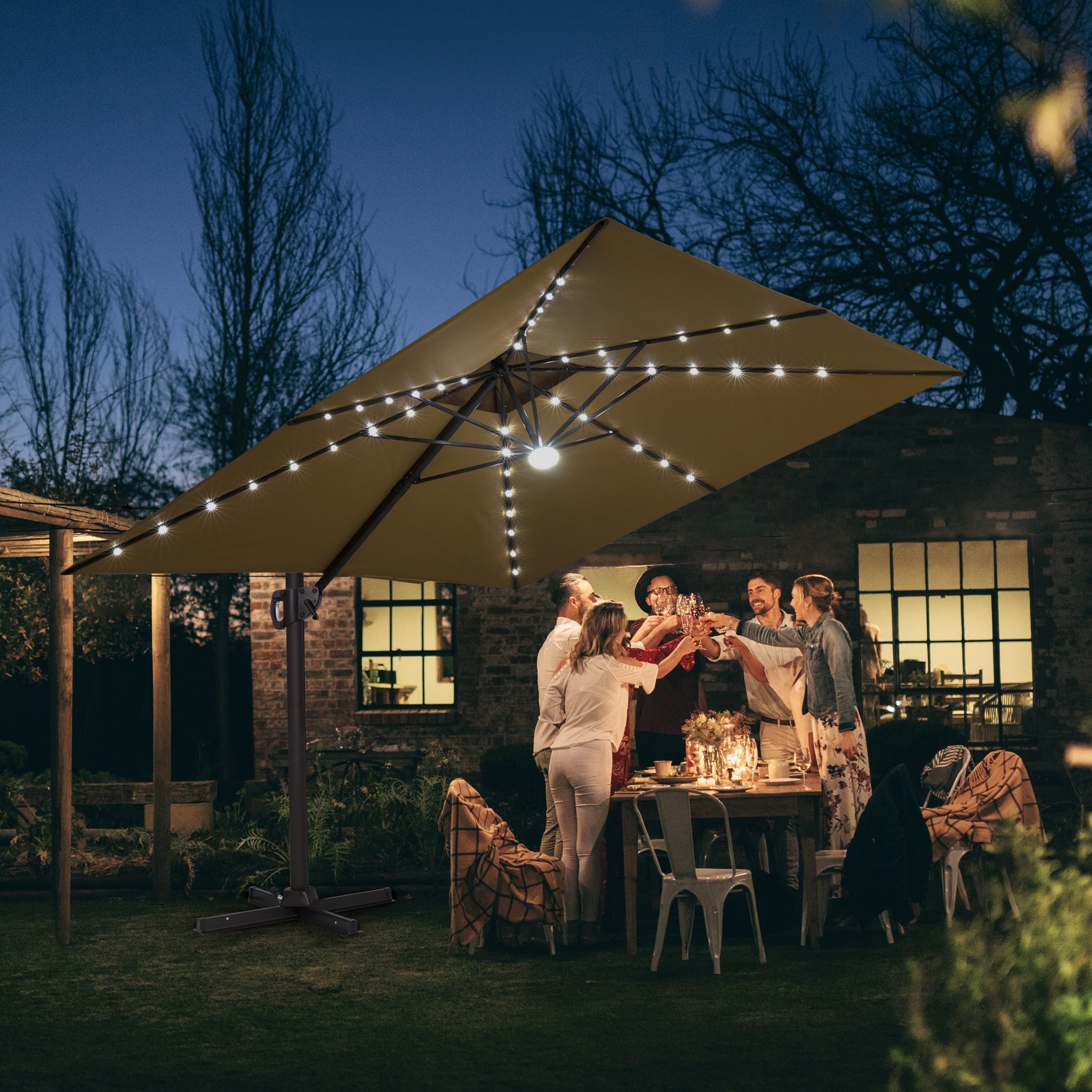 11x11 patio umbrella 11' Market Umbrella, Cast Ash Powder coated metal frame in brown finish 100% 250gsm polyester fabric Freely adjust heights and tilt positions (6 Tempo 11 ft. Aluminum Market