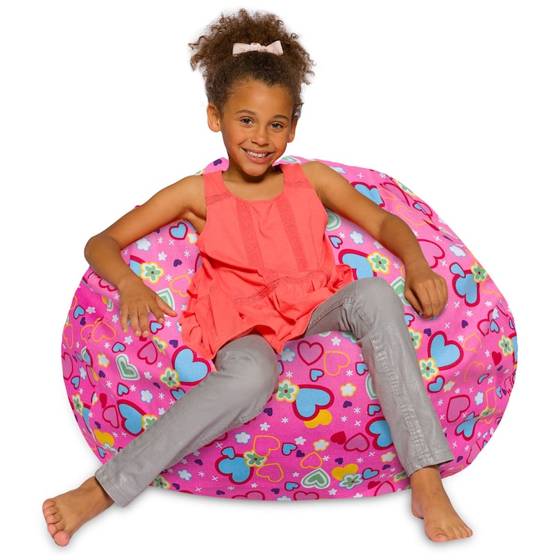Kids Bean Bag Chair, Big Comfy Chair - Machine Washable Cover - 38 Inch Large - Canvas Multi-colored Hearts on Pink
