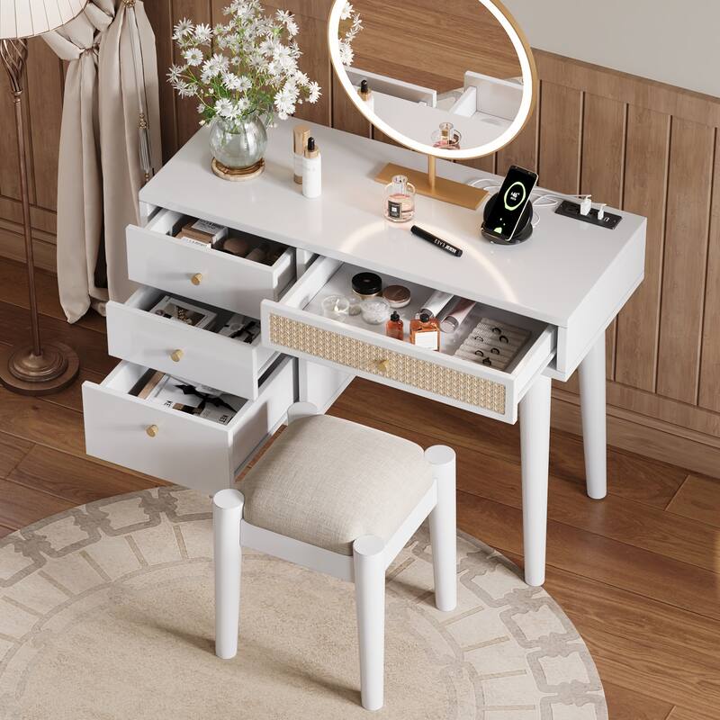 2-Piece Makeup Vanity Set with Upholstered Stool, Makeup Vanity Dressing Table with Power Outlet & USB Port (No Mirrors)