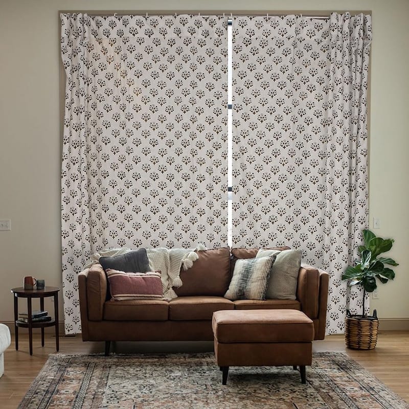 Fabdivine Handmade Block Print Floral Curtain Perfect for Room or Window Décor - 54" X 120" - Diwali Flower- Dark Brown, White