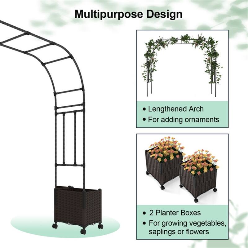 Metal Garden Arbor with Planter Boxes Drainage System and Mobile Design for Backyard and Deck - 80" x 16" x 113" (L x W x H)
