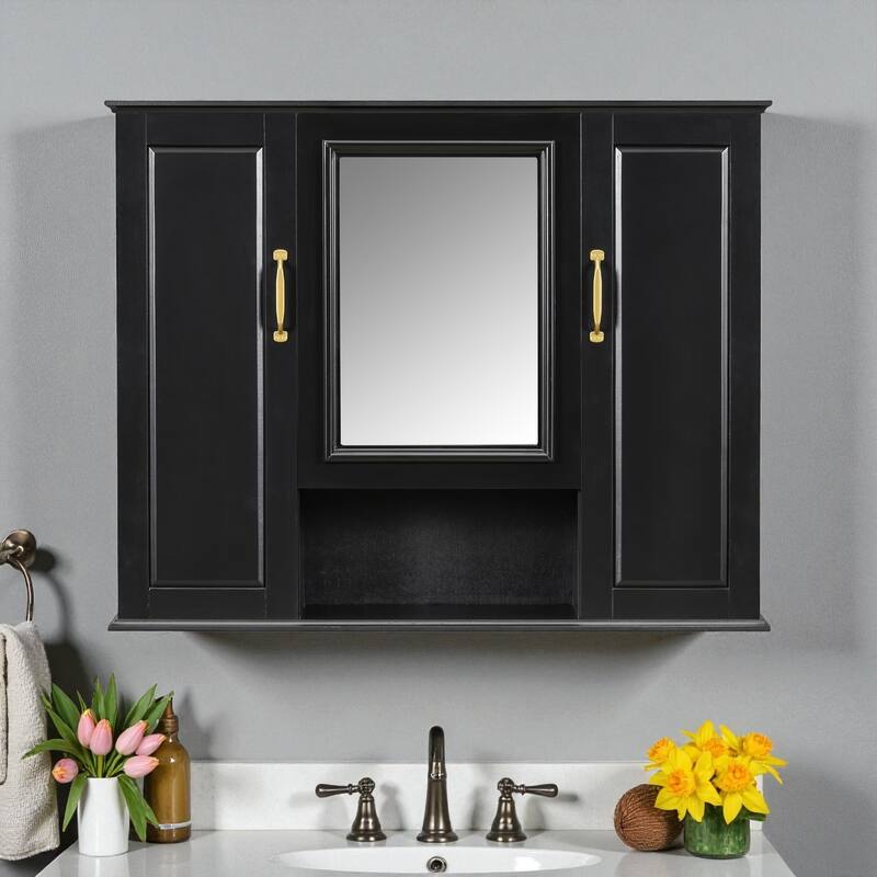 36-Inch Bathroom Mirror Cabinet with 3 Doors, Wall Mounted Medicine Cabinet with Adjustable Shelves and Open Storage - Black