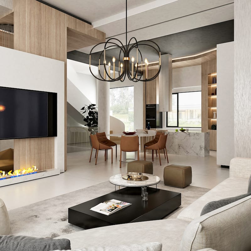 Modern Unique 8-Light Chandelier Black Gold Drum-Shape Pendant for Dining Room - 37.8 " × 20 "