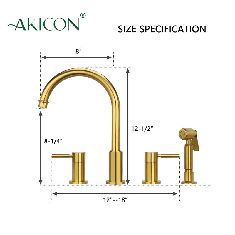Two-Handles Widespread Kitchen Faucet with Side Sprayer- Brushed Gold