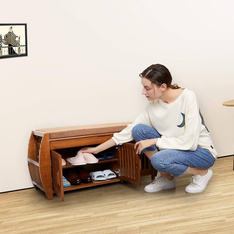 Bamboo Shoe Storage Bench with Storage Space and Padded Seat Cushion, for Entryway, Living Room, Bedroom, Brown