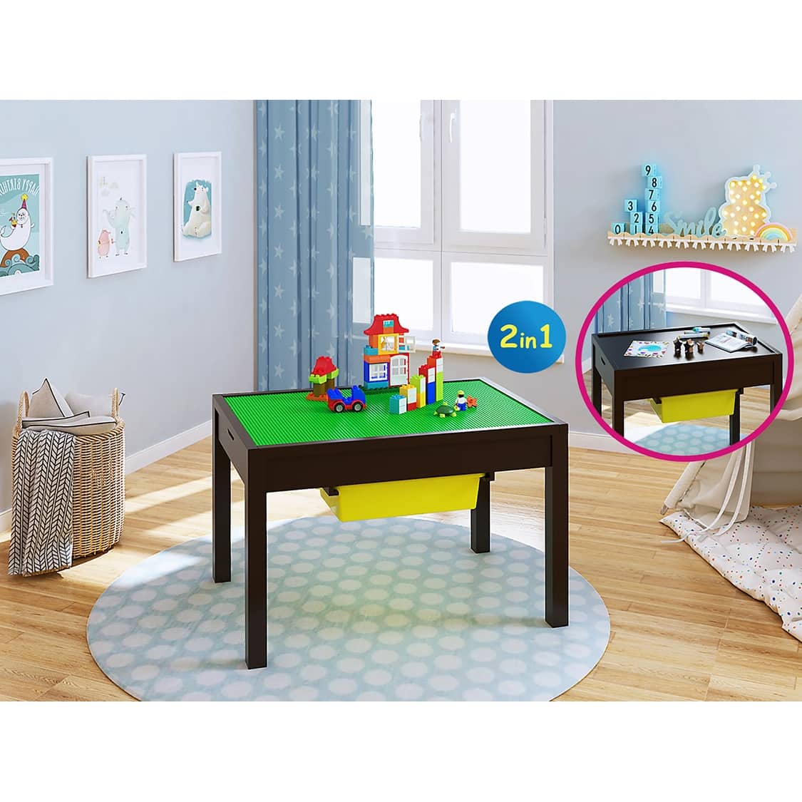 UTEX-2 in 1 Kids Large Activity Lego Table with Storage, Espresso - On ...