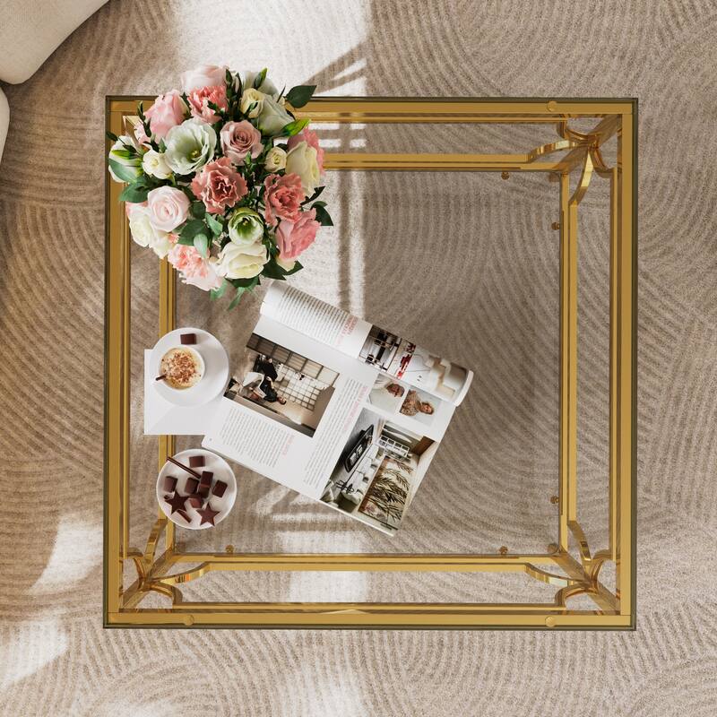 33.5" Square Glass Coffee Table, Modern Metal Frame Table with Tempered Glass Top & Lower Shelf, Luxury Living Room Accent Table