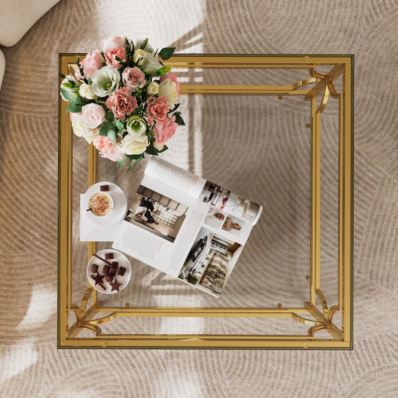 Square Glass Coffee Table in 33.5",Luxurious Geometric Metal Frame,Gold Finish & Lower Shelf