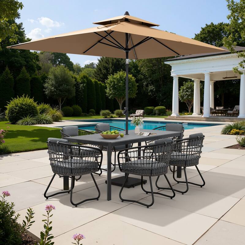 9/11-Piece Outdoor Dining Set Aluminum Table and Rattan Chairs w/10 ft Market Umbrella and Base
