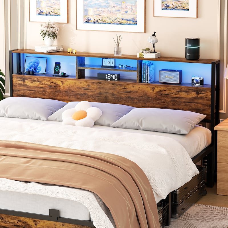 Headboard with Storage and Charge Station, Platform Bed Heaboard with LED Lights