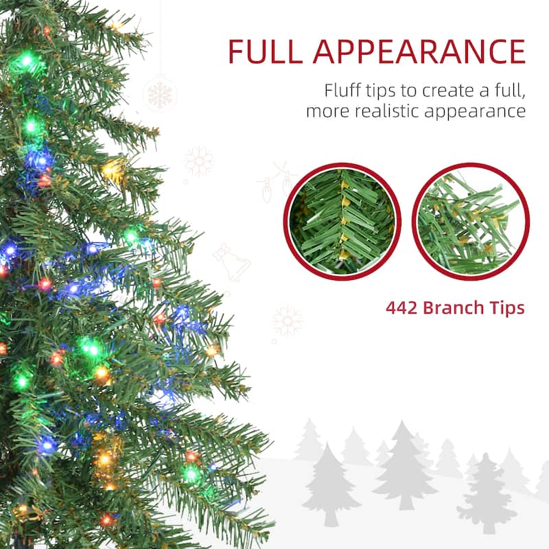 HOMCOM Pre-Lit Pencil Artificial Tree - Warm White/Colorful LED Lights, Steel Base - Green