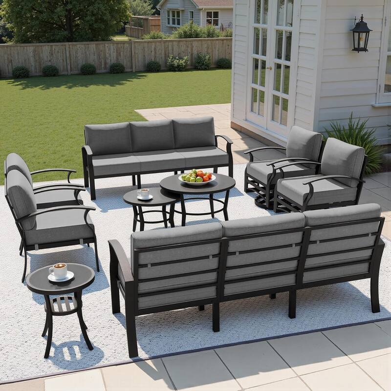 Kullavik Aluminum Outdoor Patio Sectional Sofa Set with Swivel Rocking Chairs and Coffee Table - Grey - 10-Seats-Round Table