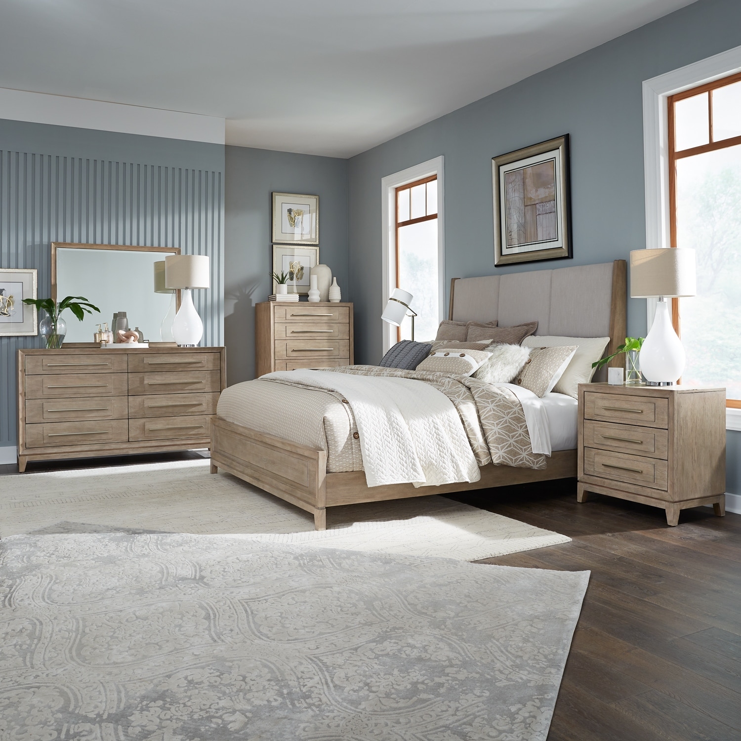 Liberty Furniture Brentwood Upholstered Bed Set - Dresser & Mirror, Chest - King or Queen