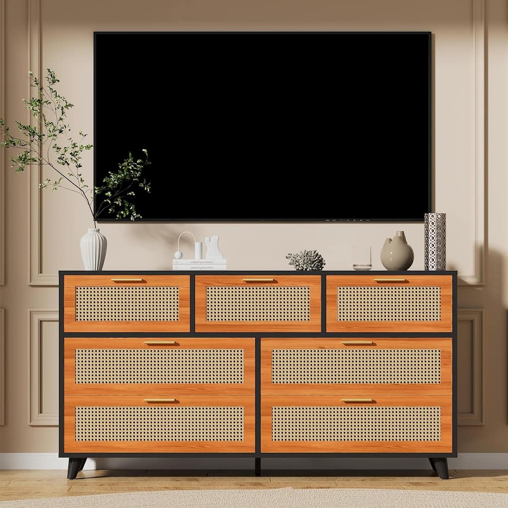 Rattan Dresser with 7 Drawers, Natural Rattan Dresser Chest for Bedroom
