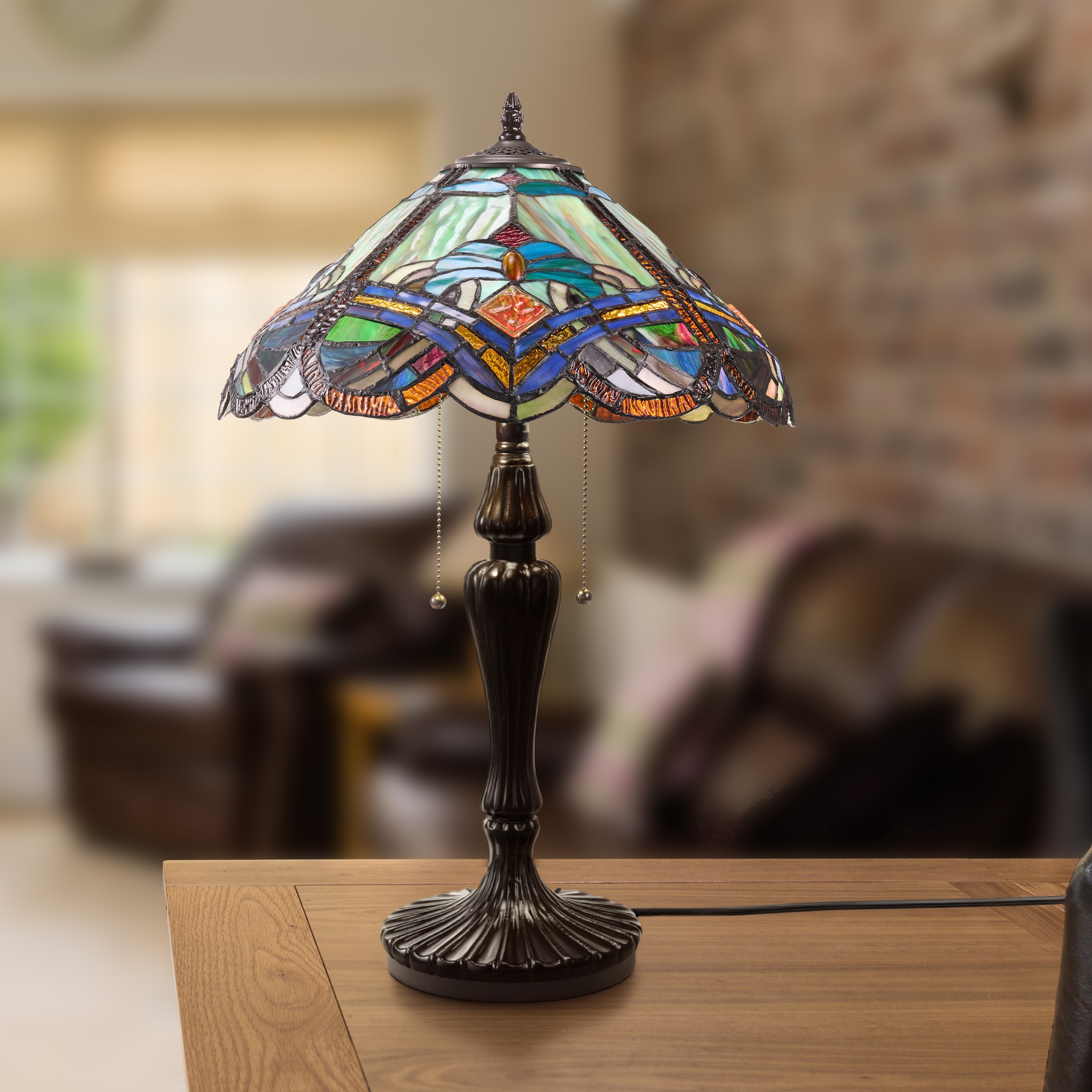 River of Goods Blenheim Brown Metal and Stained Glass Cone Shade 24-Inch Tiffany-Style Table Lamp - 16'' x 16'' x 24"
