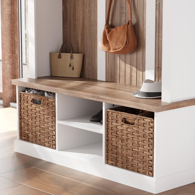 Entryway Hall Tree with Shoe Bench and 2 Rattan Baskets, Mudroom Storage Organizer