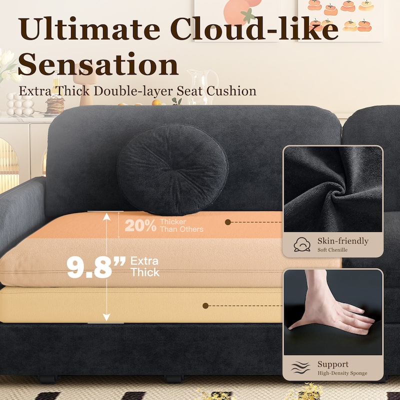 Homy Casa 3-in-1 Convertible Sleeper Sofa Bed, Pull-Out Couch w/ USB, Side Pocket & 4 Pillows, Chenille, 2/3/4-Seat