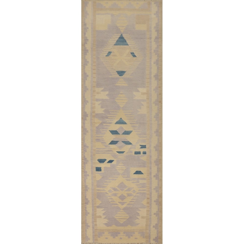Hand Woven Oriental 100% Wool Carpet Southwestern Tribal Purples Kilim Runner Rug - 9' 9'' X 2' 7''