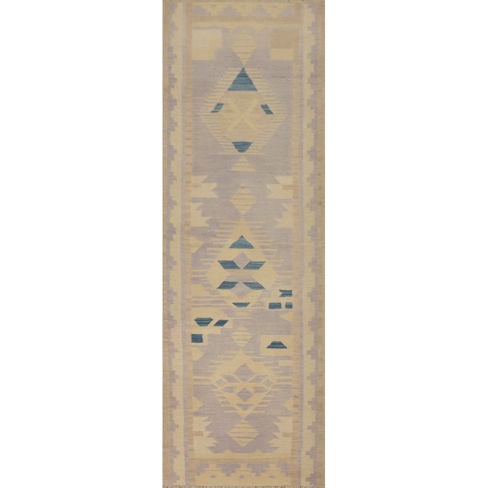 Hand Woven Oriental 100% Wool Carpet Southwestern Tribal Purples Kilim Runner Rug - 9' 9'' X 2' 7''
