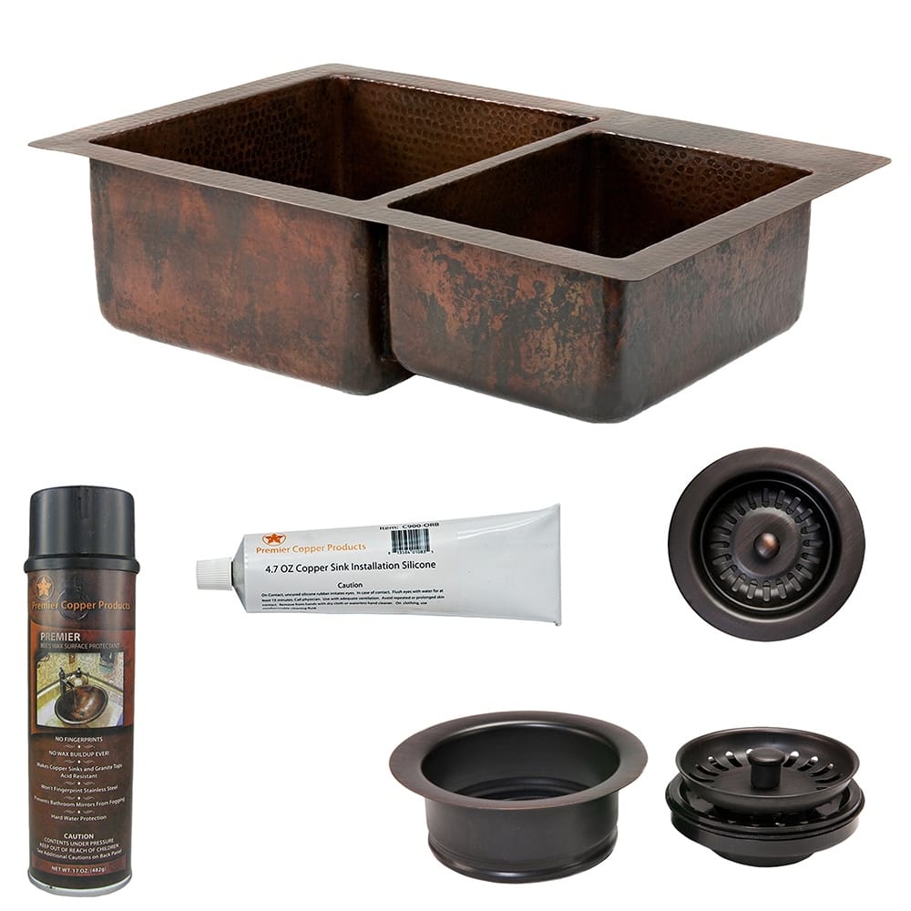 33-in Hammered Copper Kitchen 60/40 Double Basin Sink with Matching Drains, and Accessories (KSP3_K60DB33229)