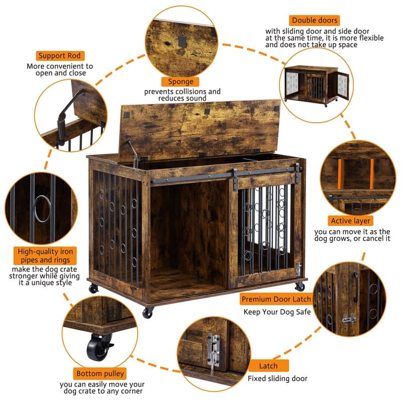 Sliding Barn Door Dog Crate Furniture with Flip-top Plate