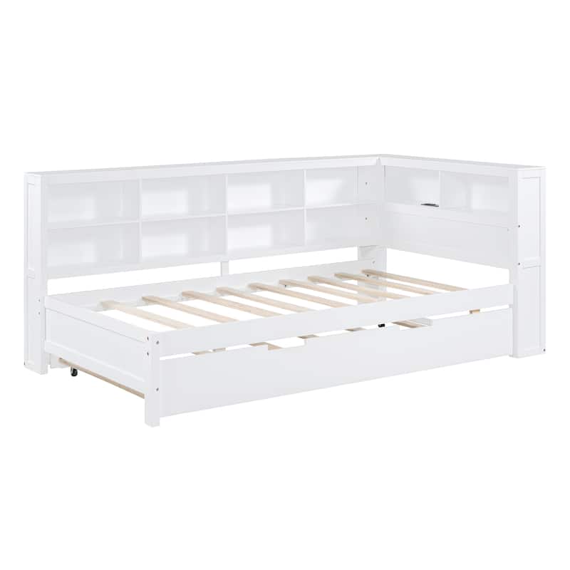 Wooden DayBed Sofa Bed Frame with L-Shape Storage Headboard, Platform Bed Pull-out Trundle Bed, USB Charging Ports
