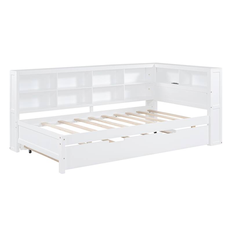Roomfitters Wooden Twin Daybed with Twin Trundle, Storage Shelf & USB Charging Ports, White