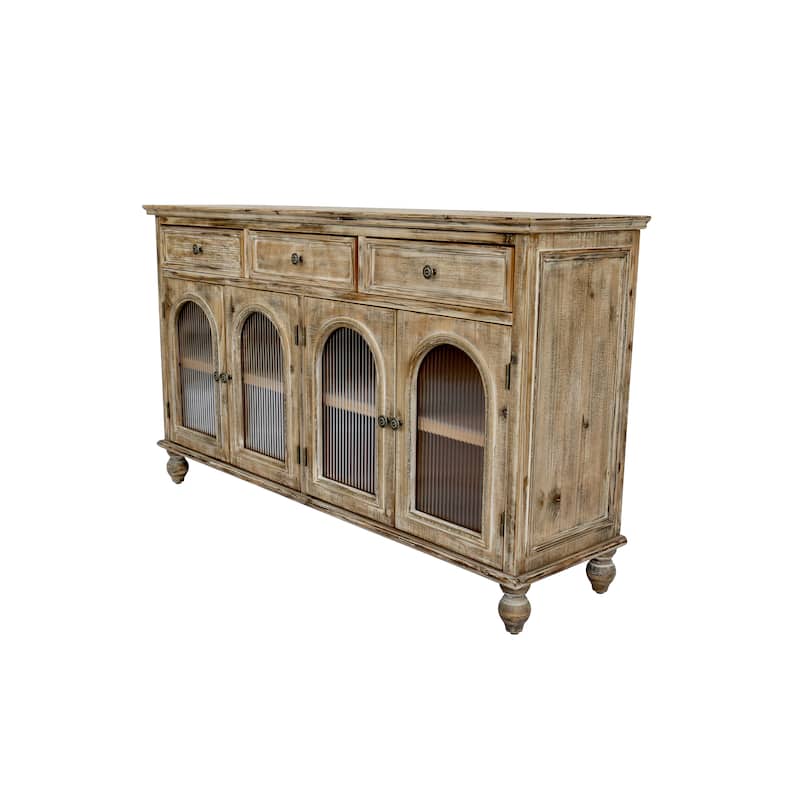 59.06"Farmhouse Sideboard Buffet Cabinet, Distressed Wood Credenza with 3 Drawers & 4 Glass Doors, Storage Cabinet with Shelves