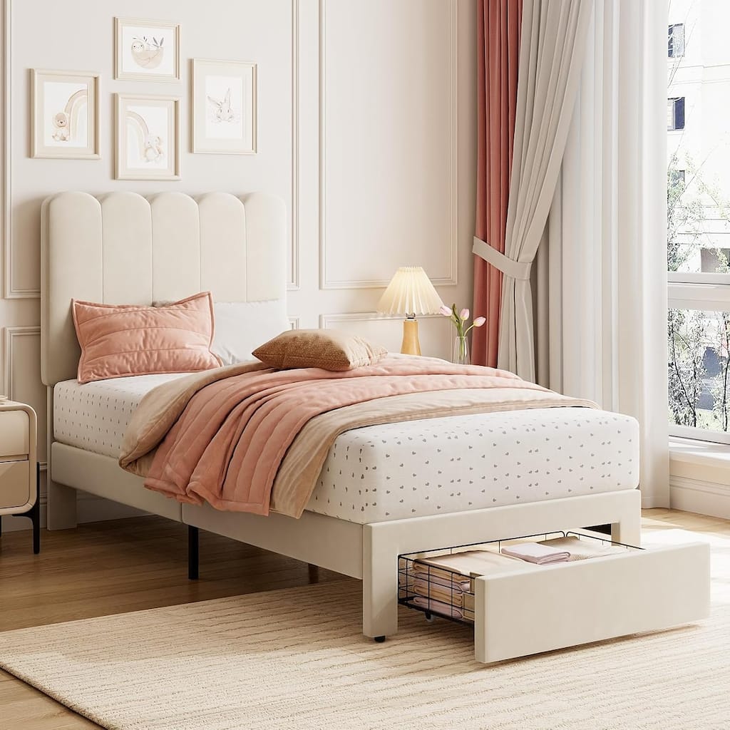 Twin Velvet Upholstered Platform Bed Frame with Wave Headboard & Drawer, No Box Spring Needed, Wood Slats, Noiseless