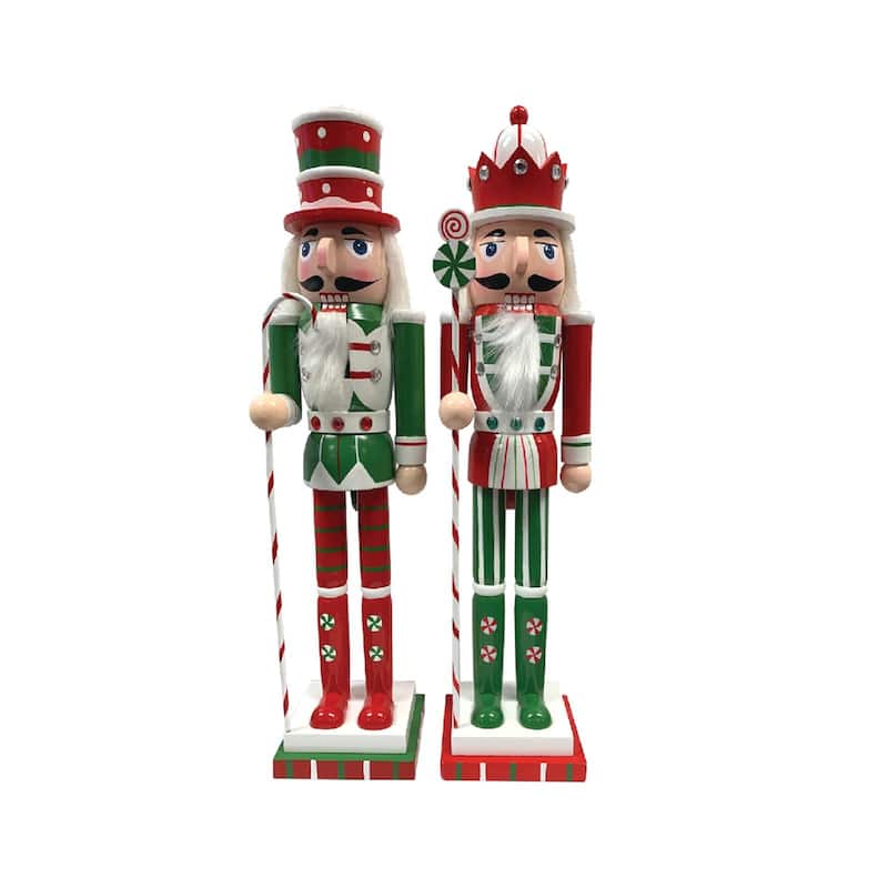 Set of 2 Red and Green Jeweled Peppermint Christmas Nutcrackers 14"