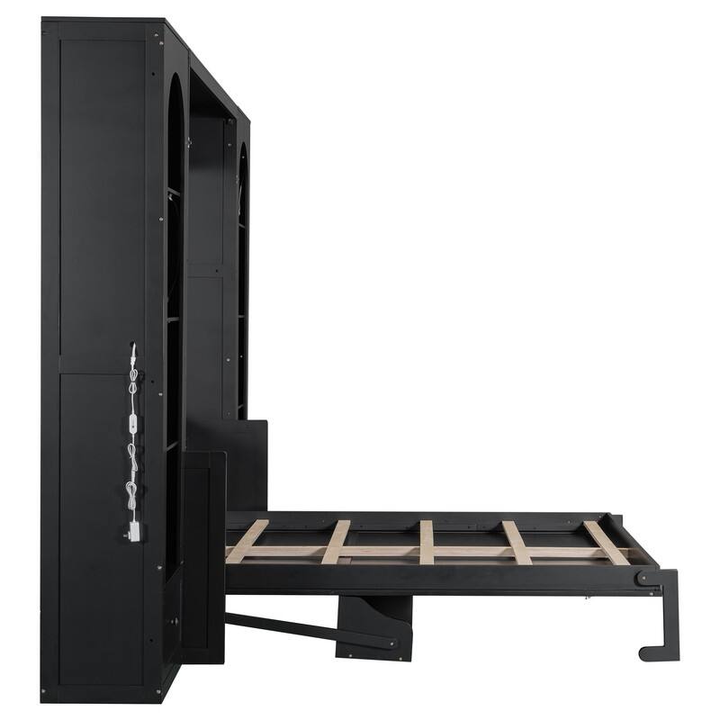 Queen Size Murphy Bed w/ Built-in Desk, 2 Arched Cabinets and 2 Drawers, Luxurious Folding Bed Frame w/ LED Light