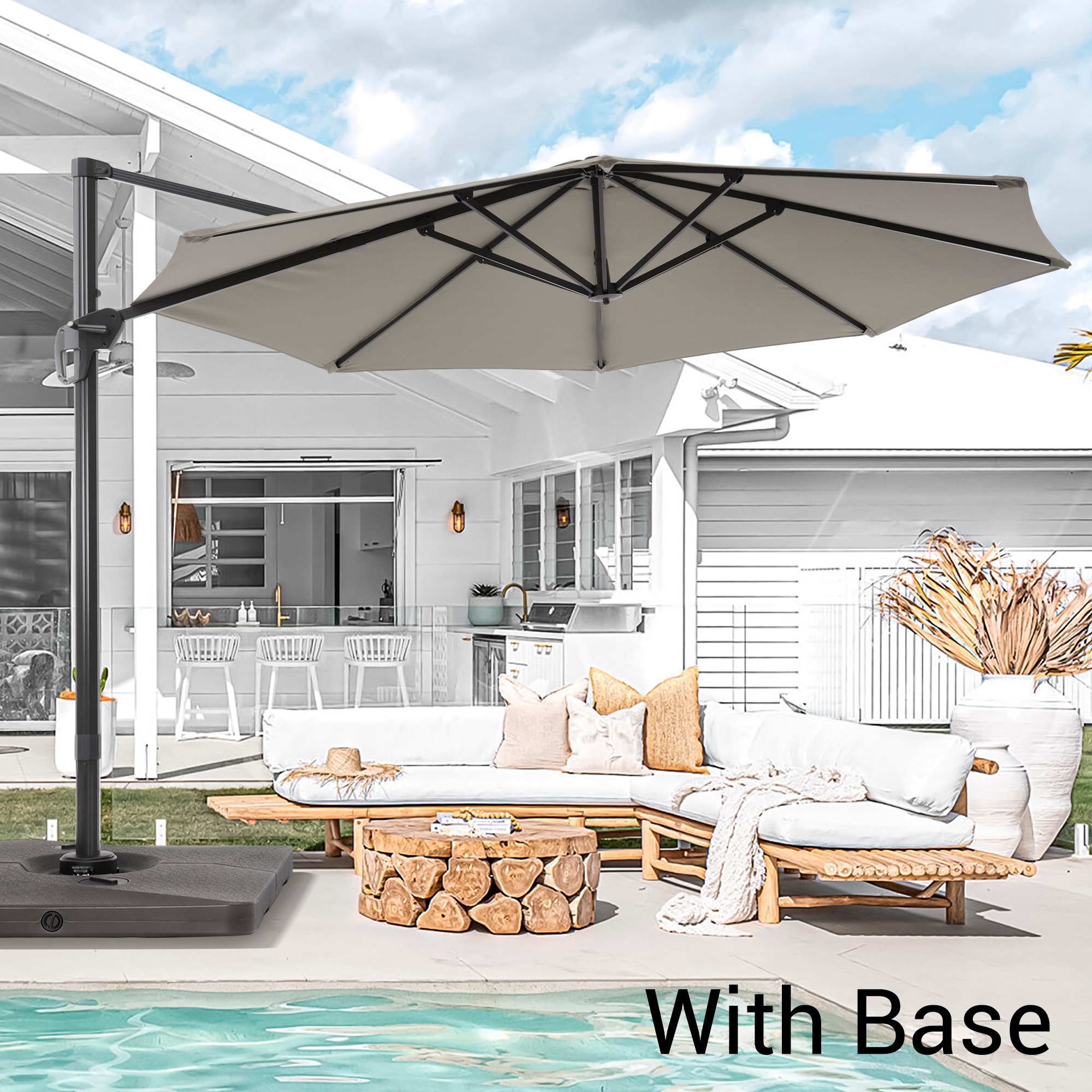 11' offset patio umbrella AKZ Plus Cantilever - Black Frame & Taupe Canopy angle tilt system plus 360 rotation via the foot pedal make positioning shade flexible Bonosuki 11FT Patio Cantilever Umbrella