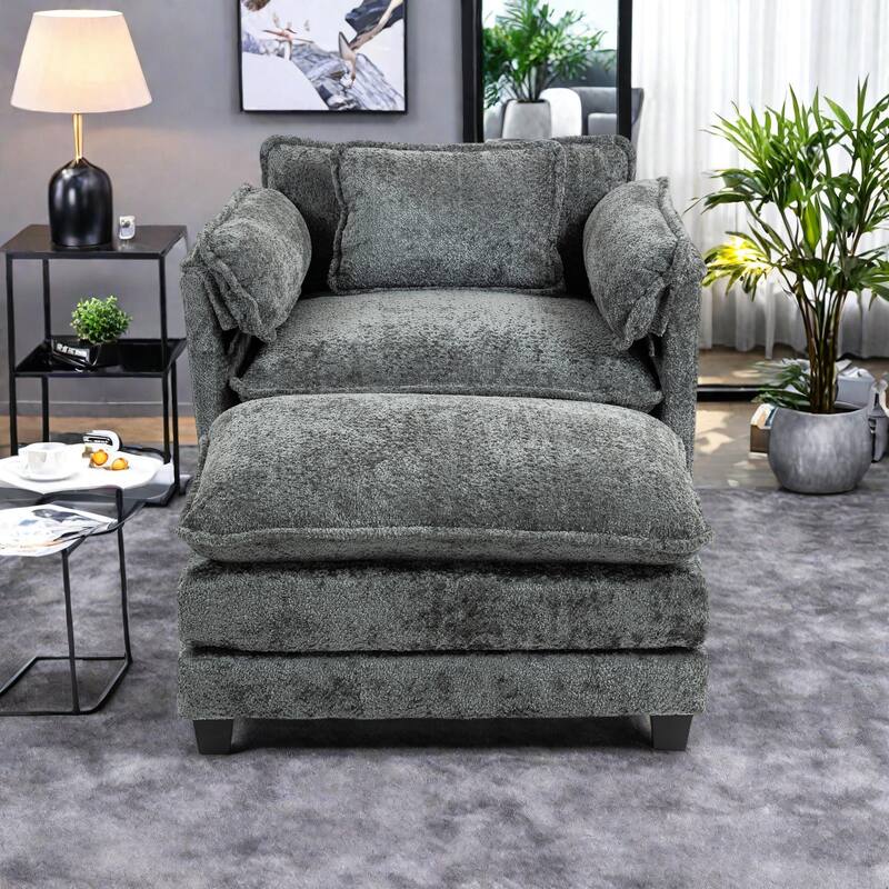 Boucle Oversized Sofa with Ottoman, Double Deep Cushion, Thick Armrests, and High-Resilience Sponge - DARK GREY
