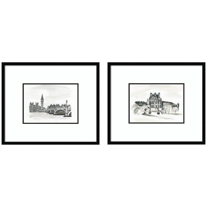 Kate and Laurel Vintage Postcard London & Paris 2 Piece Framed Wall Art Print Set by Teju Reval - 2 Piece Set 21x25 - Black