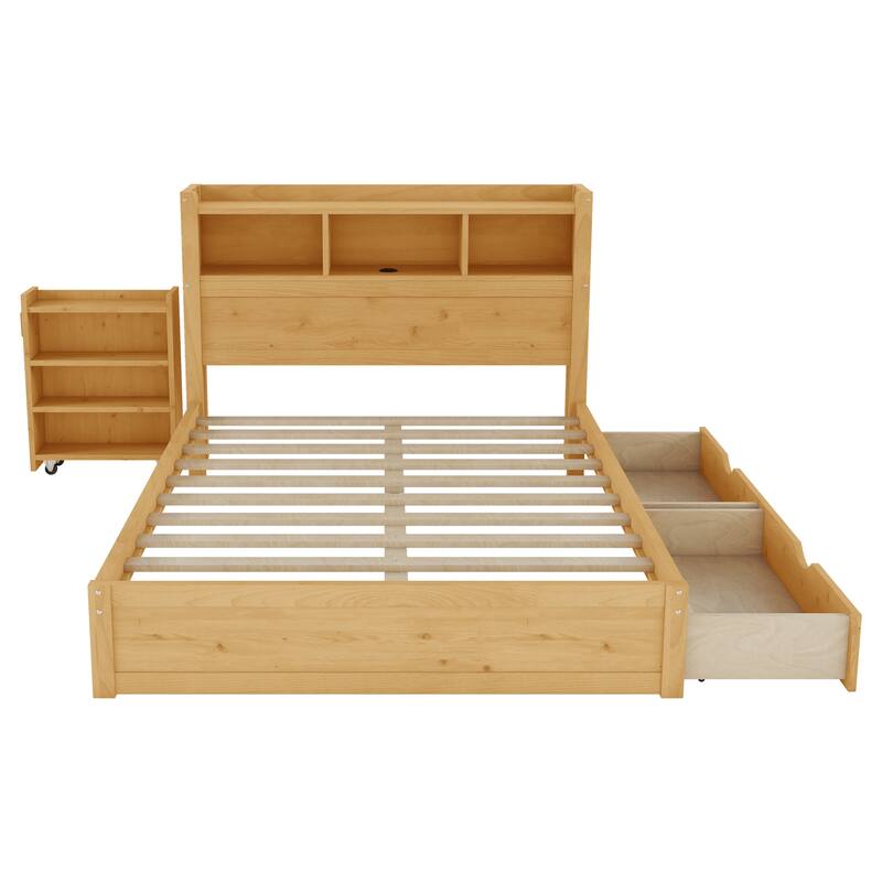Roomfitters Twin/Full Platform Bed, LED Bookcase Headboard and Pull Out Storage Drawers with Wooden Frame for Bedrooms