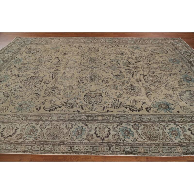 Distressed Tabriz Persian Vintage Area Rug Handmade Pink Wool Carpet - 9'7" x 12'10"