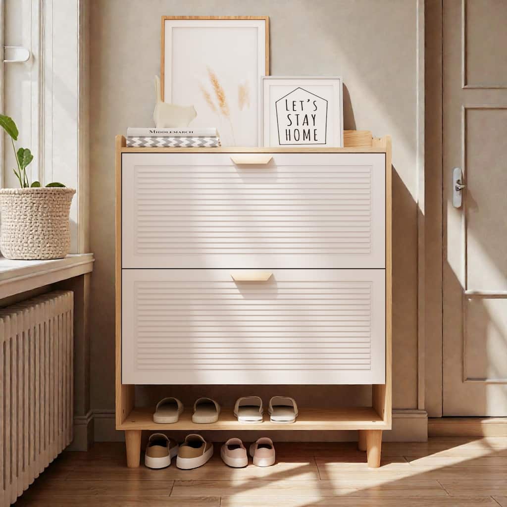 31.5 Inch Nordic Shoe Cabinet with 2 Flip Drawers, Narrow Freestanding Shoe Storage Organizer with Wood Legs
