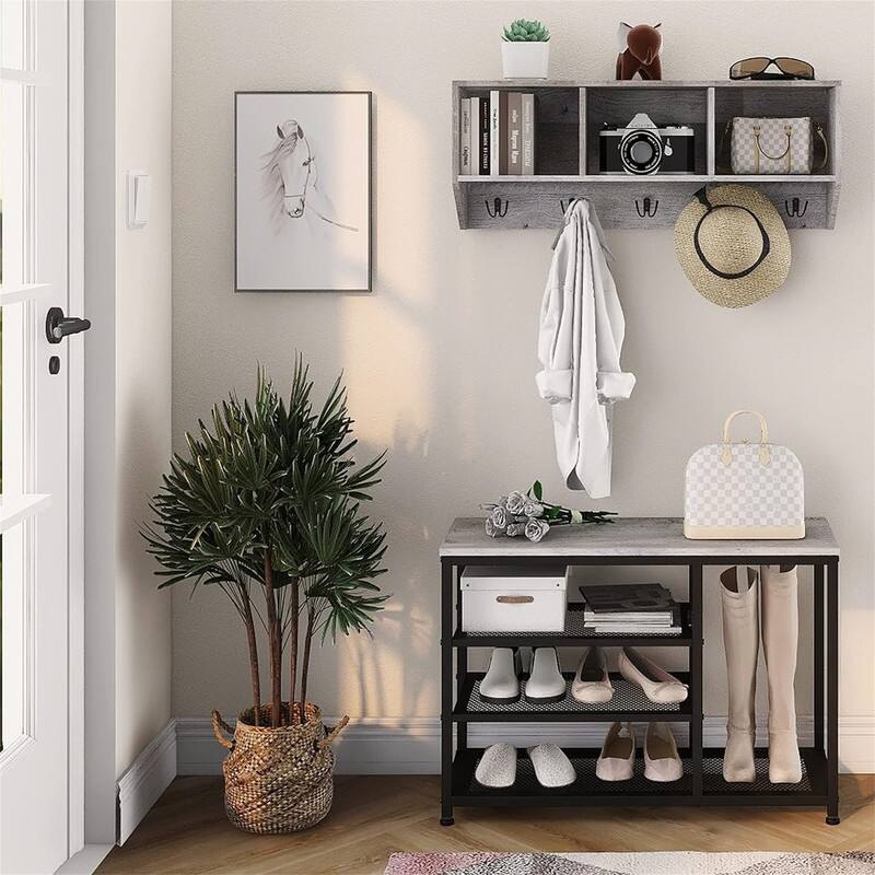 Coat Rack Shoe Bench Set Entryway Hall Tree with Bench Shoe - 11.81 x 31.5 x 70.87 inches - Grey