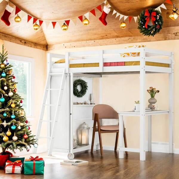 slide 2 of 15, Eye-catching Design Twin Size Loft Bed with Wardrobe and Desk and Shelves,Multi-Functional Children's Bed,White Gray