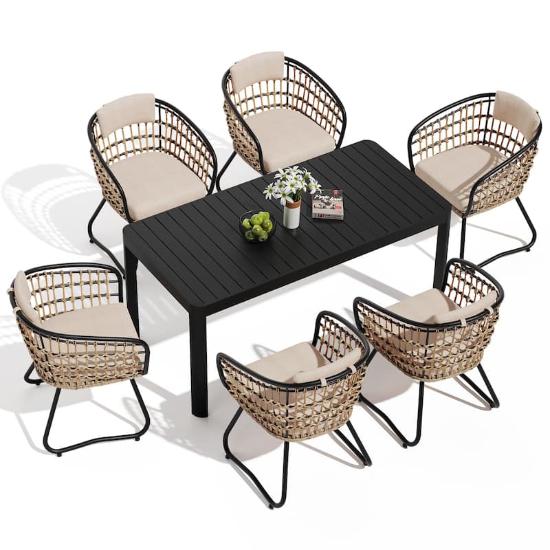 7-Piece Outdoor Patio Dining Set Expandable Rectangular Aluminum Dining Table with PE Rattan Dining Chairs