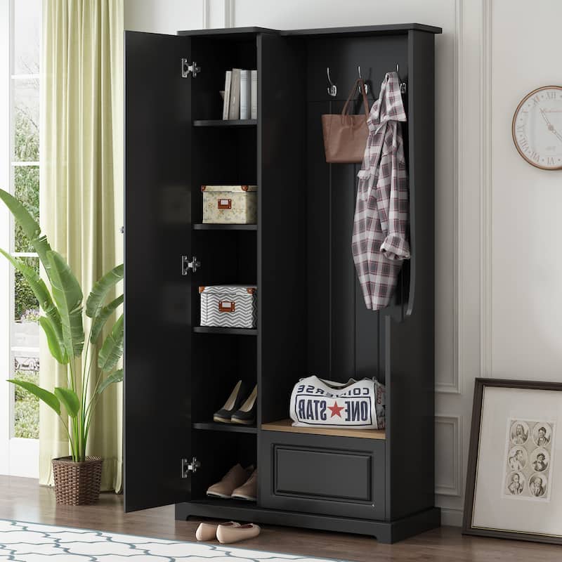 Versatile Design Hall Tree with Flip-Up Bench, 4-in-1 Minimalist Coat Hanger Shoe Cabinet with Adjustable Shelves, Hanging Hooks - Black
