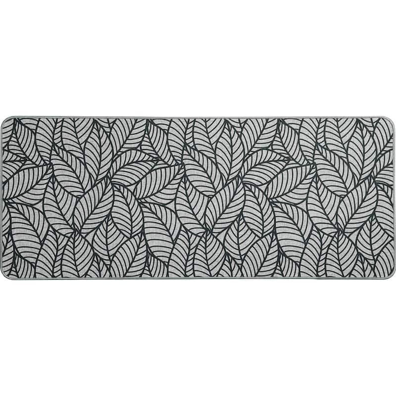 Jungle Printed Kitchen Mat Gray Leaves Design - Runner Mat 47"L x 20"W - Gray