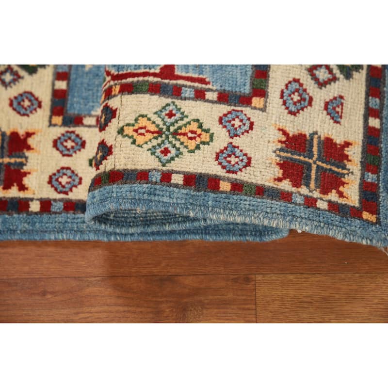 Blue Kazak Oriental Foyer Rug Handmade Geometric Wool Carpet - 2'0" x 3'0"