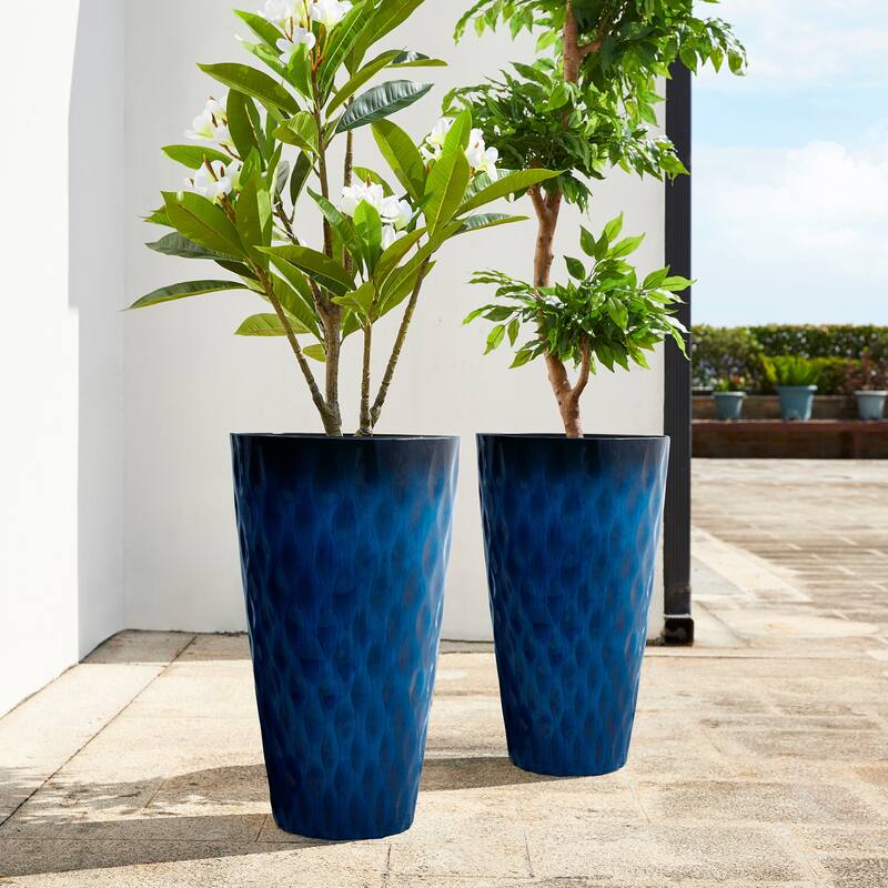 Glitzhome 23.75"H Set of 2 Oversized Wavy Texture Cobalt Blue/Turquoise/Red Tall Plastic Planter