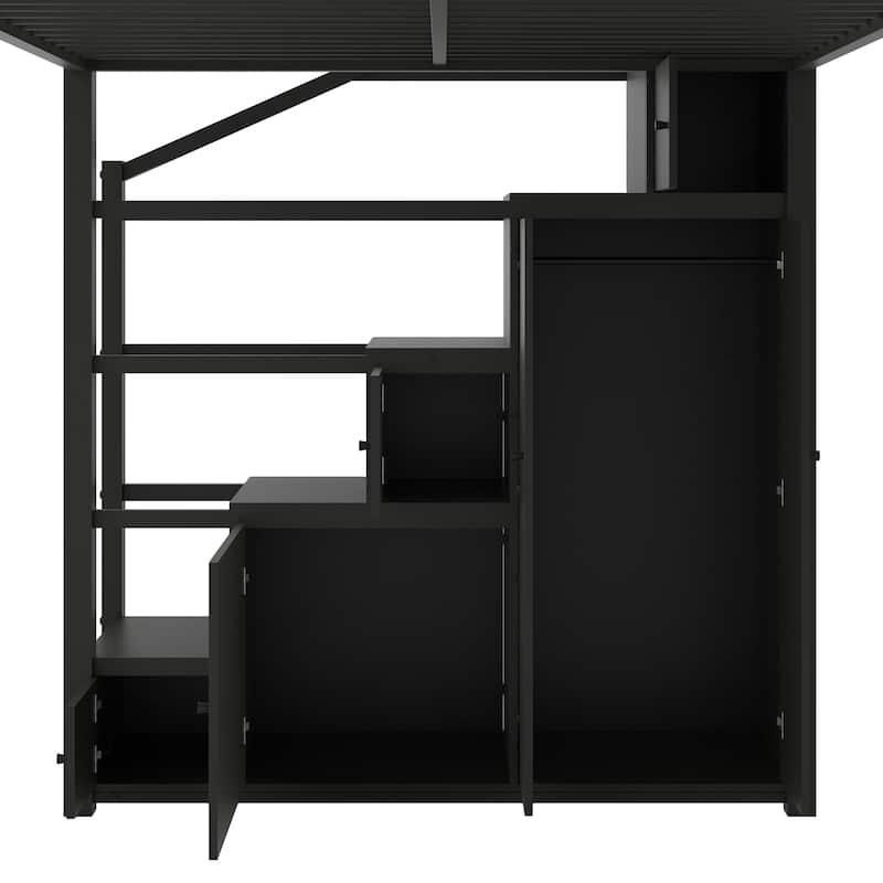 Full Size Metal Loft Bed Frame with Storage Shelves, All-in-one Cabinets and Wardrobe Storage Stairs, Black